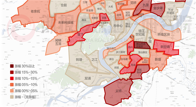 图为2016年10月杭州各楼盘板块涨幅分布图(图片来源于浙报地产研究院)