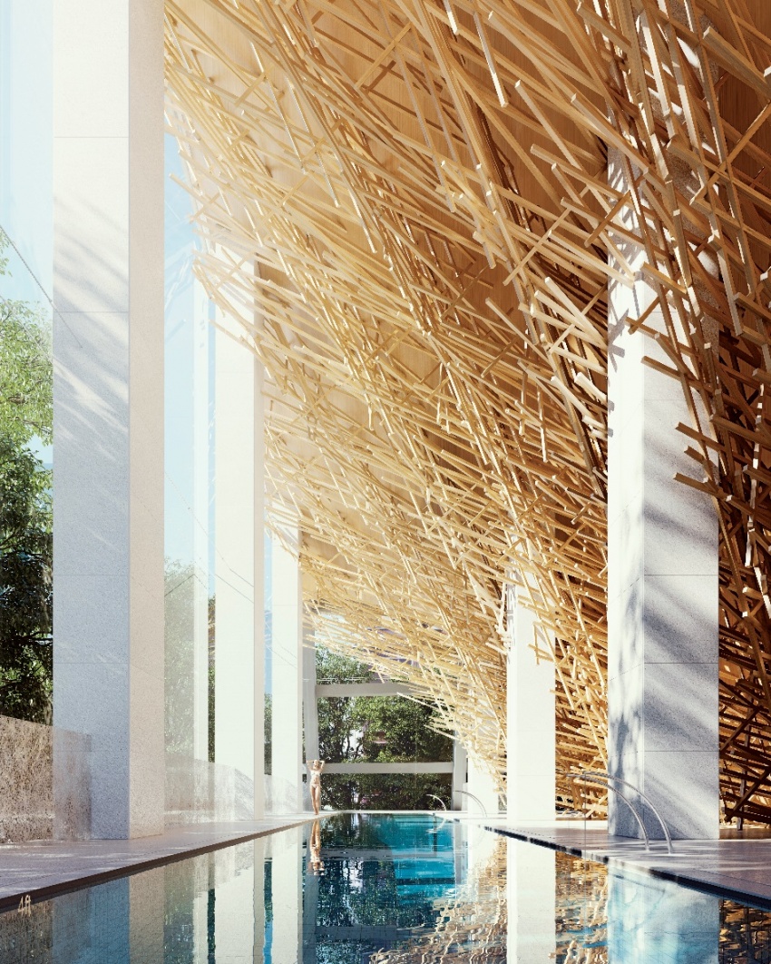 木结构泳池日式风格是隈研吾的一贯秉承的特色,比如在设计北京瑜舍